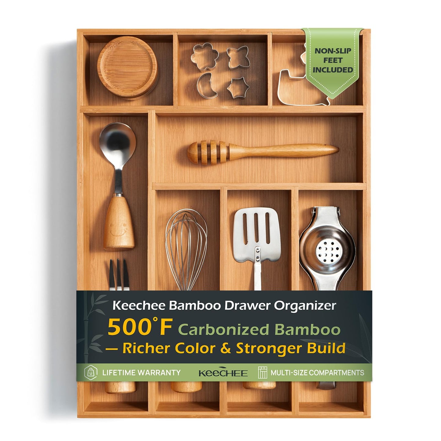 Carbonized Bamboo Kitchen Drawer Organizer, 8-10 Slots Expandable Silverware Organizer, Utensil Holder & Cutlery Tray, 2.2" Deep for Extra Capacity, Non-Slip Feet Included.