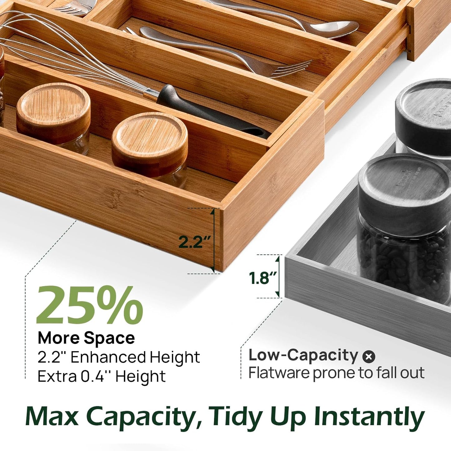 Carbonized Bamboo Kitchen Drawer Organizer, 8-10 Slots Expandable Silverware Organizer, Utensil Holder & Cutlery Tray, 2.2" Deep for Extra Capacity, Non-Slip Feet Included.