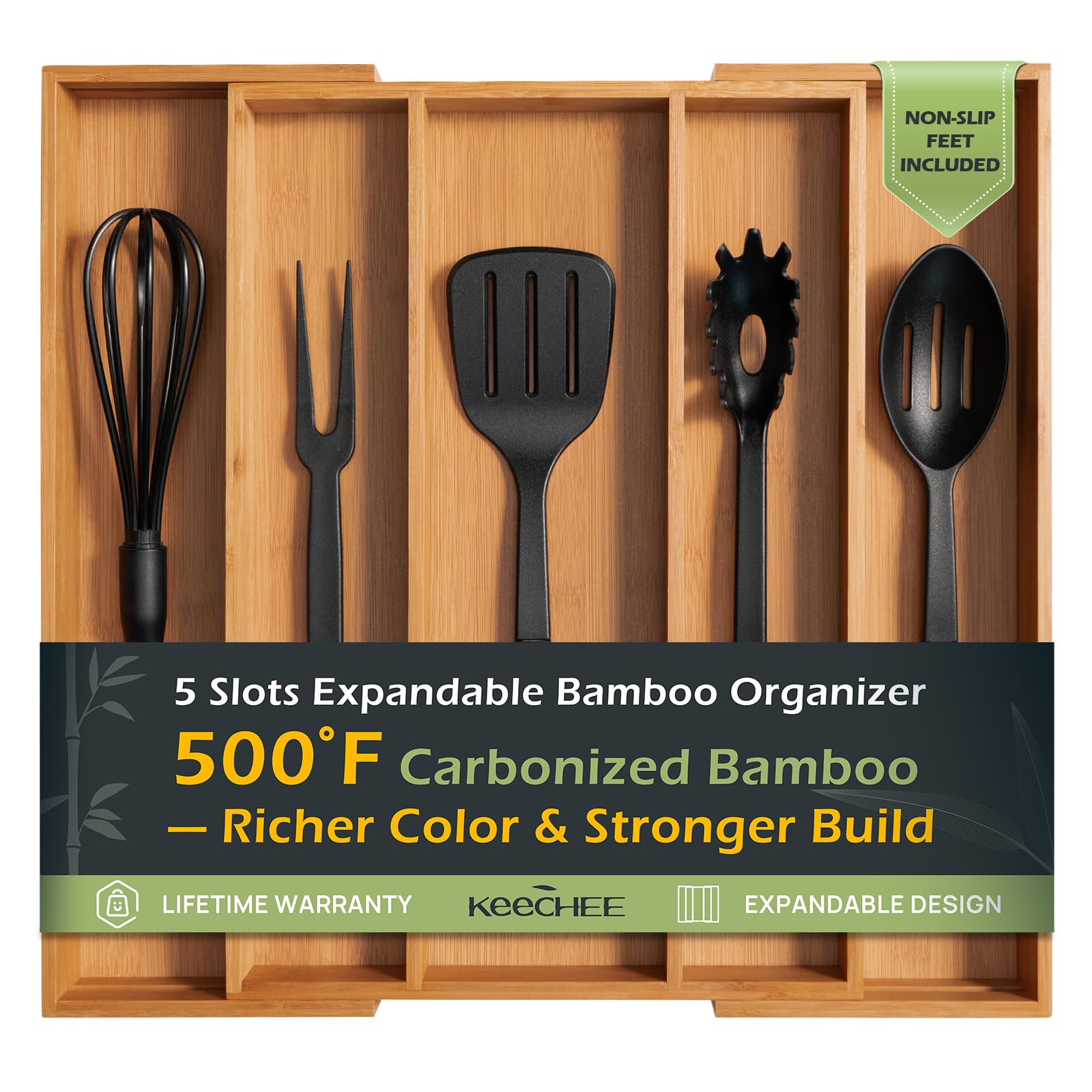 Carbonized Bamboo Kitchen Drawer Organizer, 8-10 Slots Expandable Silverware Organizer, Utensil Holder & Cutlery Tray, 2.2" Deep for Extra Capacity, Non-Slip Feet Included.