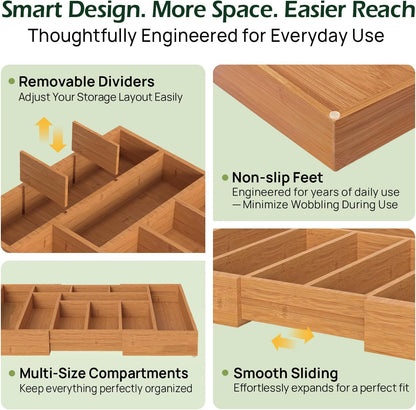 Carbonized Bamboo Kitchen Drawer Organizer, 8-10 Slots Expandable Silverware Organizer, Utensil Holder & Cutlery Tray, 2.2" Deep for Extra Capacity, Non-Slip Feet Included.