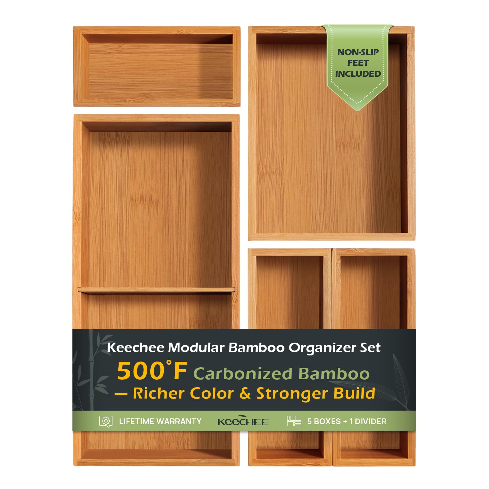 Carbonized Bamboo Kitchen Drawer Organizer, 8-10 Slots Expandable Silverware Organizer, Utensil Holder & Cutlery Tray, 2.2" Deep for Extra Capacity, Non-Slip Feet Included.