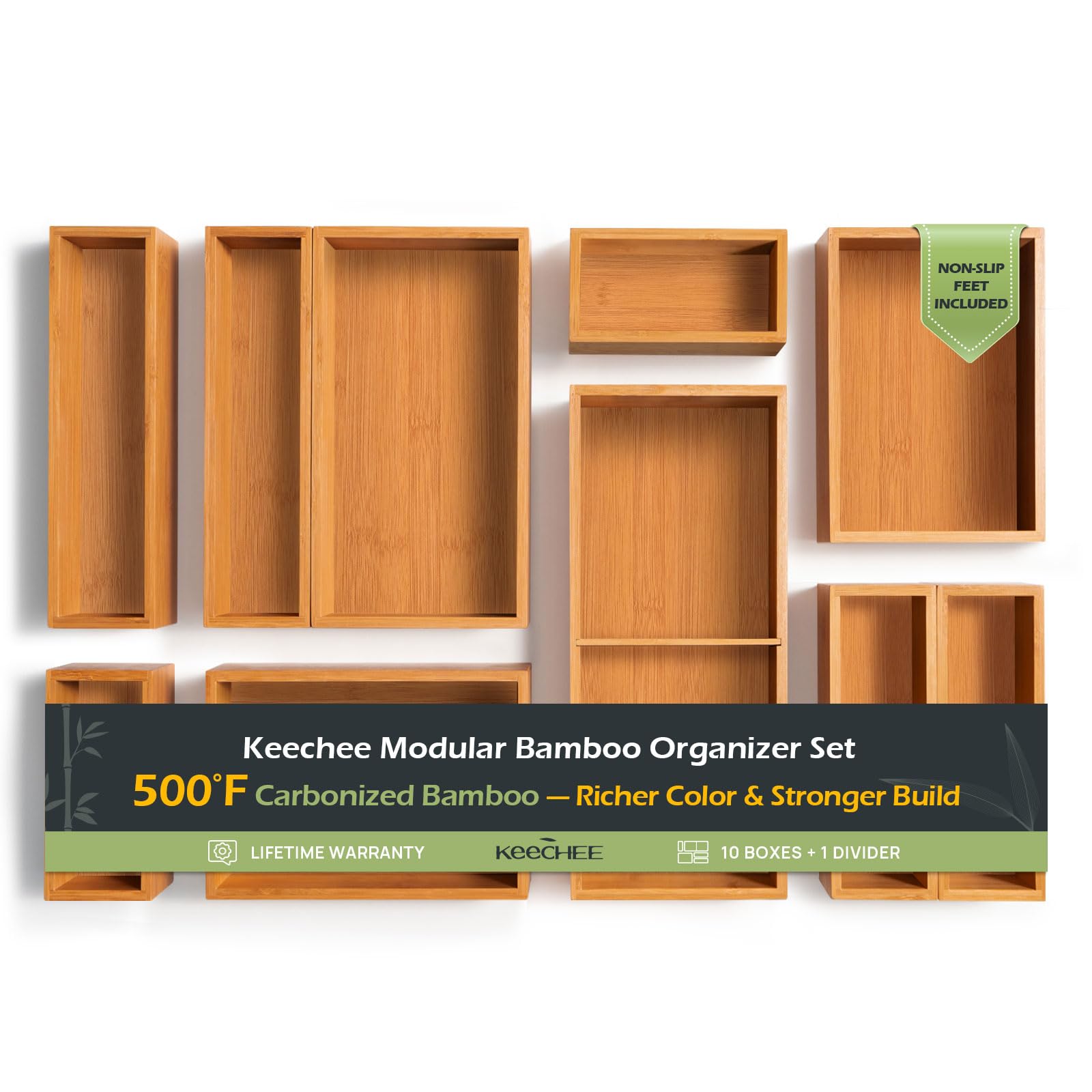 Carbonized Bamboo Kitchen Drawer Organizer, 8-10 Slots Expandable Silverware Organizer, Utensil Holder & Cutlery Tray, 2.2" Deep for Extra Capacity, Non-Slip Feet Included.