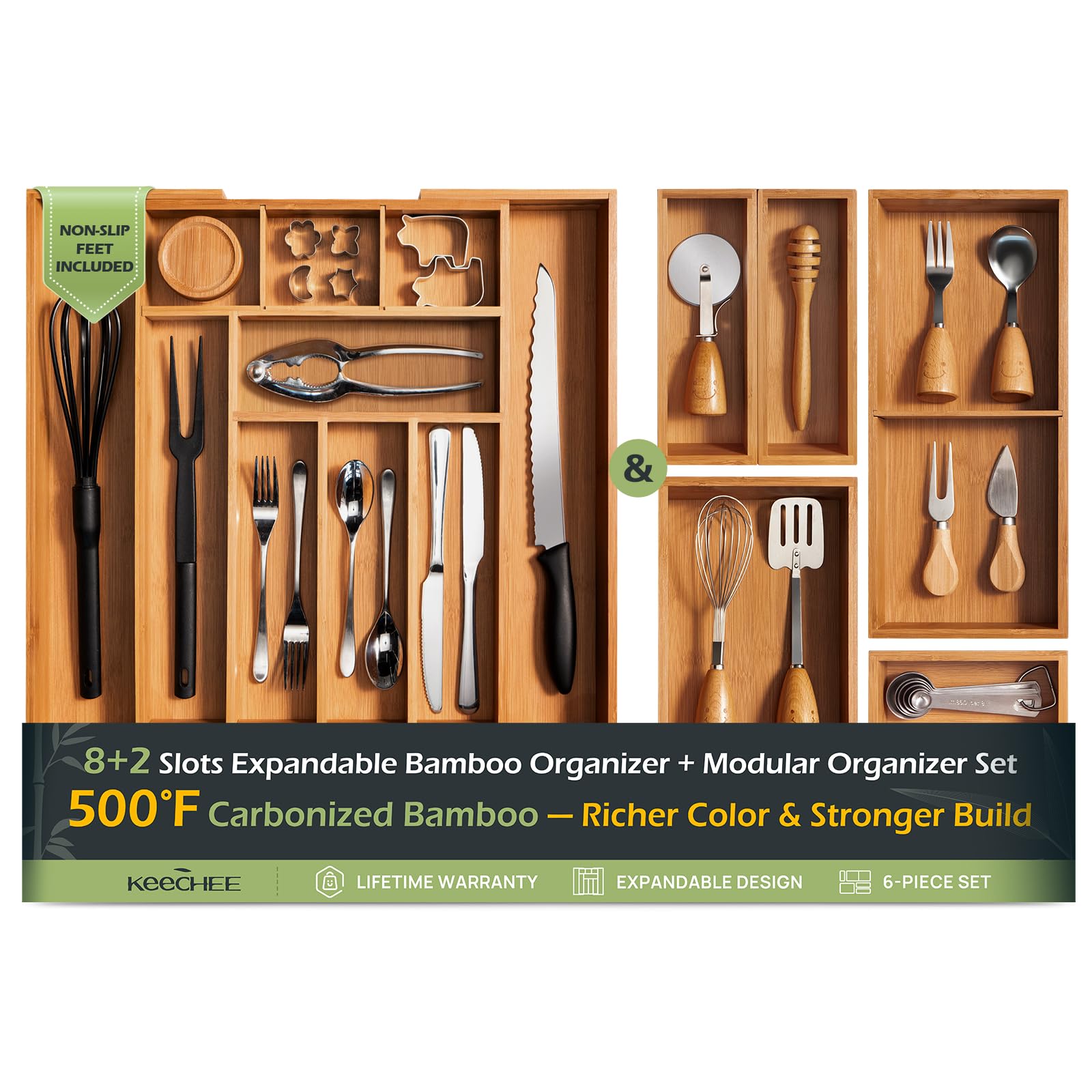 Carbonized Bamboo Kitchen Drawer Organizer, 8-10 Slots Expandable Silverware Organizer, Utensil Holder & Cutlery Tray, 2.2" Deep for Extra Capacity, Non-Slip Feet Included.