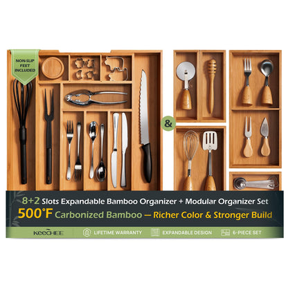 Carbonized Bamboo Kitchen Drawer Organizer, 8-10 Slots Expandable Silverware Organizer, Utensil Holder & Cutlery Tray, 2.2" Deep for Extra Capacity, Non-Slip Feet Included.