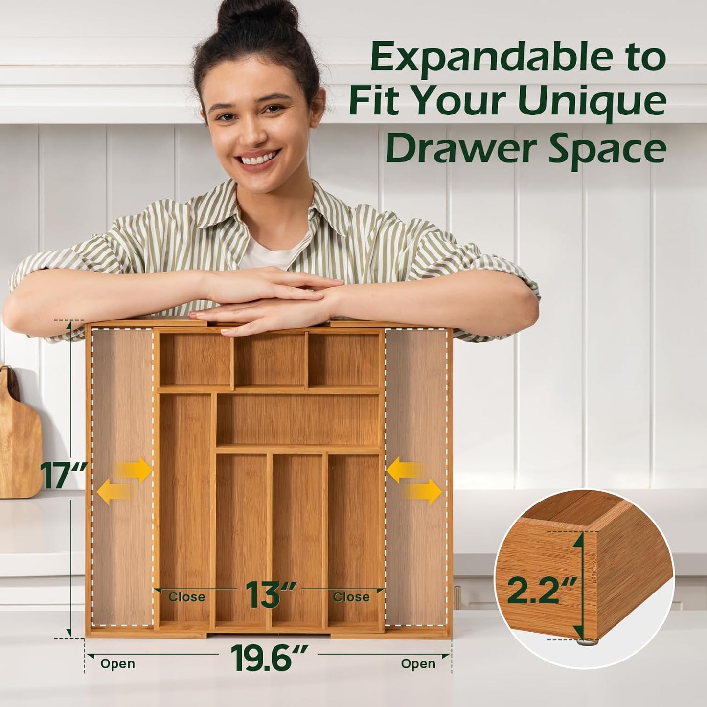 Carbonized Bamboo Kitchen Drawer Organizer, 8-10 Slots Expandable Silverware Organizer, Utensil Holder & Cutlery Tray, 2.2" Deep for Extra Capacity, Non-Slip Feet Included.