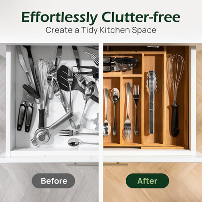 Carbonized Bamboo Kitchen Drawer Organizer, 8-10 Slots Expandable Silverware Organizer, Utensil Holder & Cutlery Tray, 2.2" Deep for Extra Capacity, Non-Slip Feet Included.