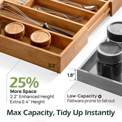 Carbonized Bamboo Kitchen Drawer Organizer, 8-10 Slots Expandable Silverware Organizer, Utensil Holder & Cutlery Tray, 2.2" Deep for Extra Capacity, Non-Slip Feet Included.