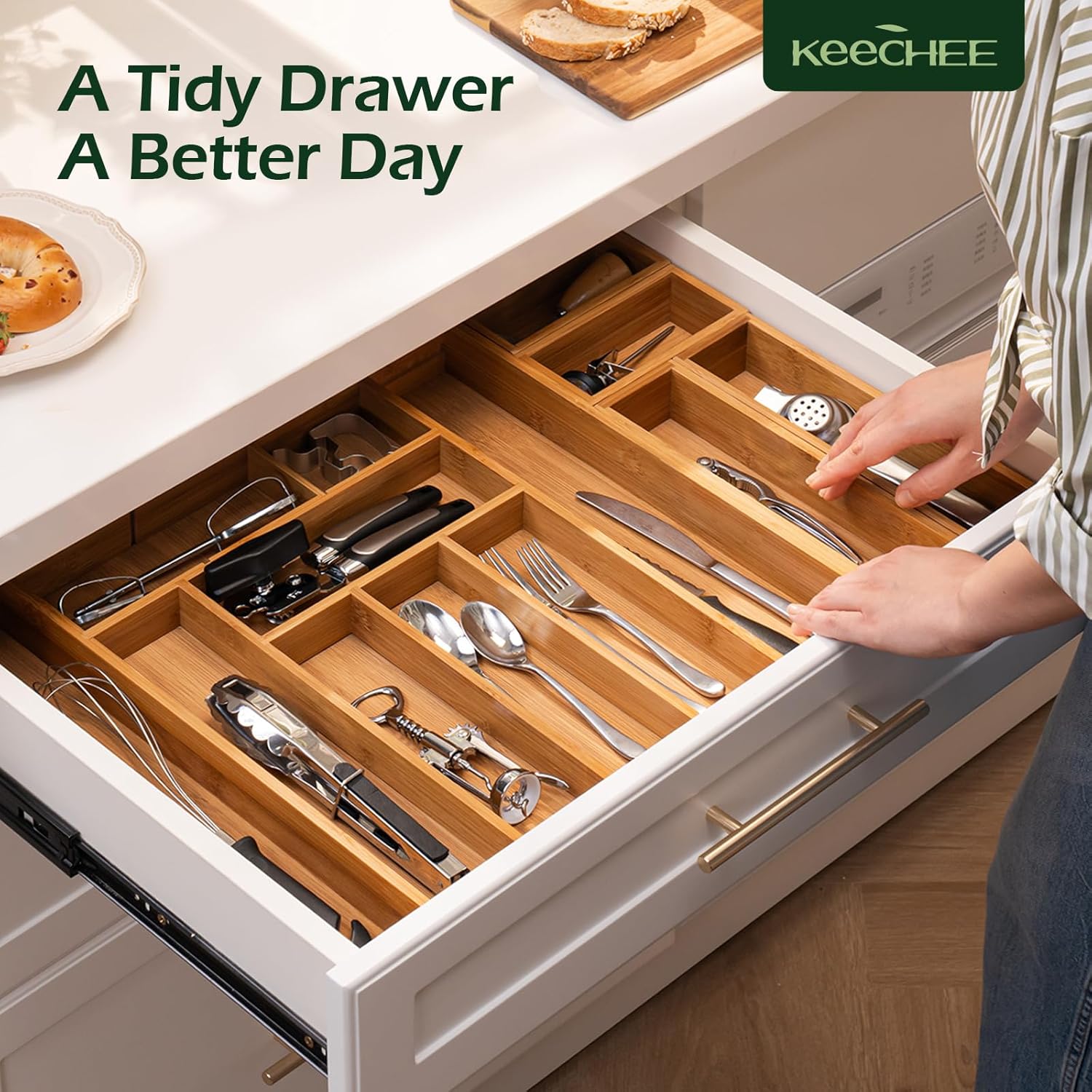 Carbonized Bamboo Kitchen Drawer Organizer, 8-10 Slots Expandable Silverware Organizer, Utensil Holder & Cutlery Tray, 2.2" Deep for Extra Capacity, Non-Slip Feet Included.