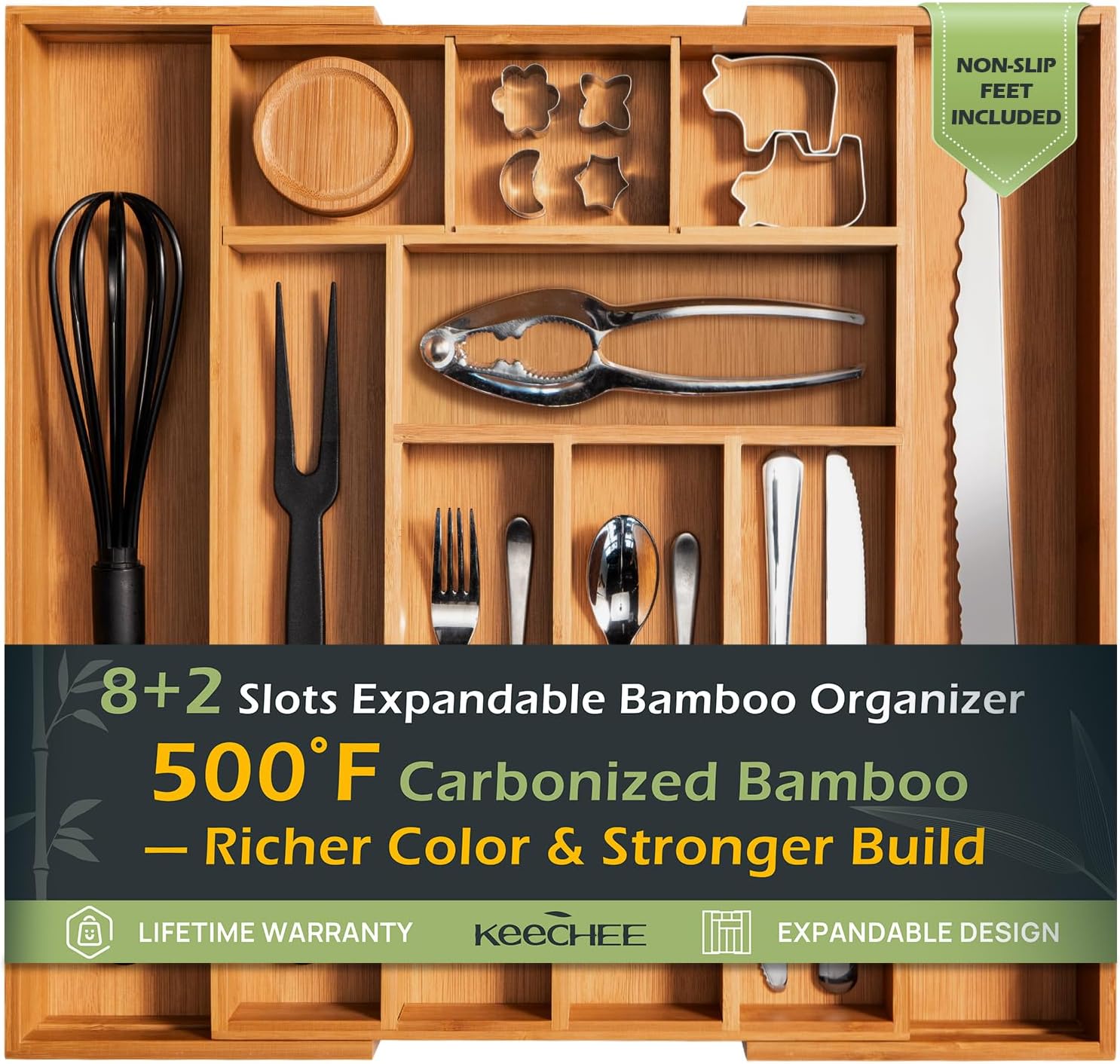 Carbonized Bamboo Kitchen Drawer Organizer, 8-10 Slots Expandable Silverware Organizer, Utensil Holder & Cutlery Tray, 2.2" Deep for Extra Capacity, Non-Slip Feet Included.