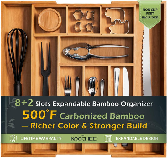 Carbonized Bamboo Kitchen Drawer Organizer, 8-10 Slots Expandable Silverware Organizer, Utensil Holder & Cutlery Tray, 2.2" Deep for Extra Capacity, Non-Slip Feet Included.