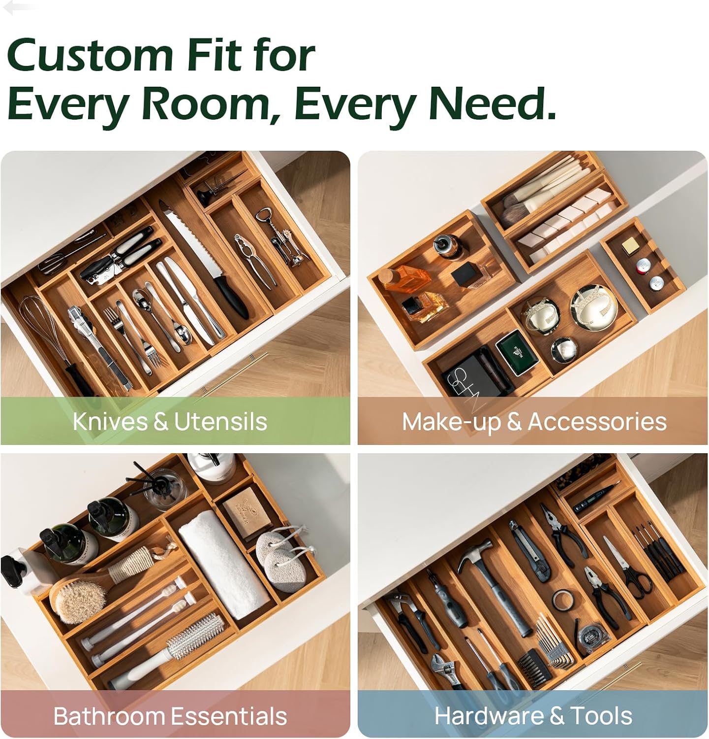 Carbonized Bamboo Kitchen Drawer Organizer, 8-10 Slots Expandable Silverware Organizer, Utensil Holder & Cutlery Tray, 2.2" Deep for Extra Capacity, Non-Slip Feet Included.